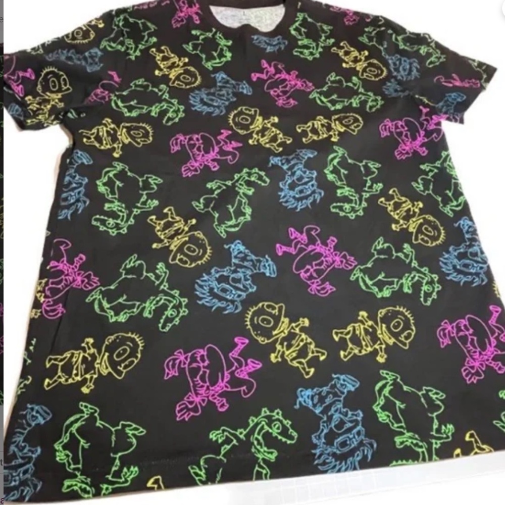 Rugrats Shirt Mens Large Black Neon‎ All Over Print Nickelodeon Cartoon Tee - Picture 8 of 11